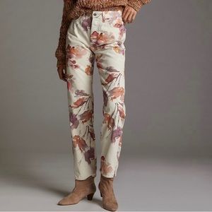 Anthropologie Cream Straight-Leg Jeans with Rust & Mauve Floral Print
